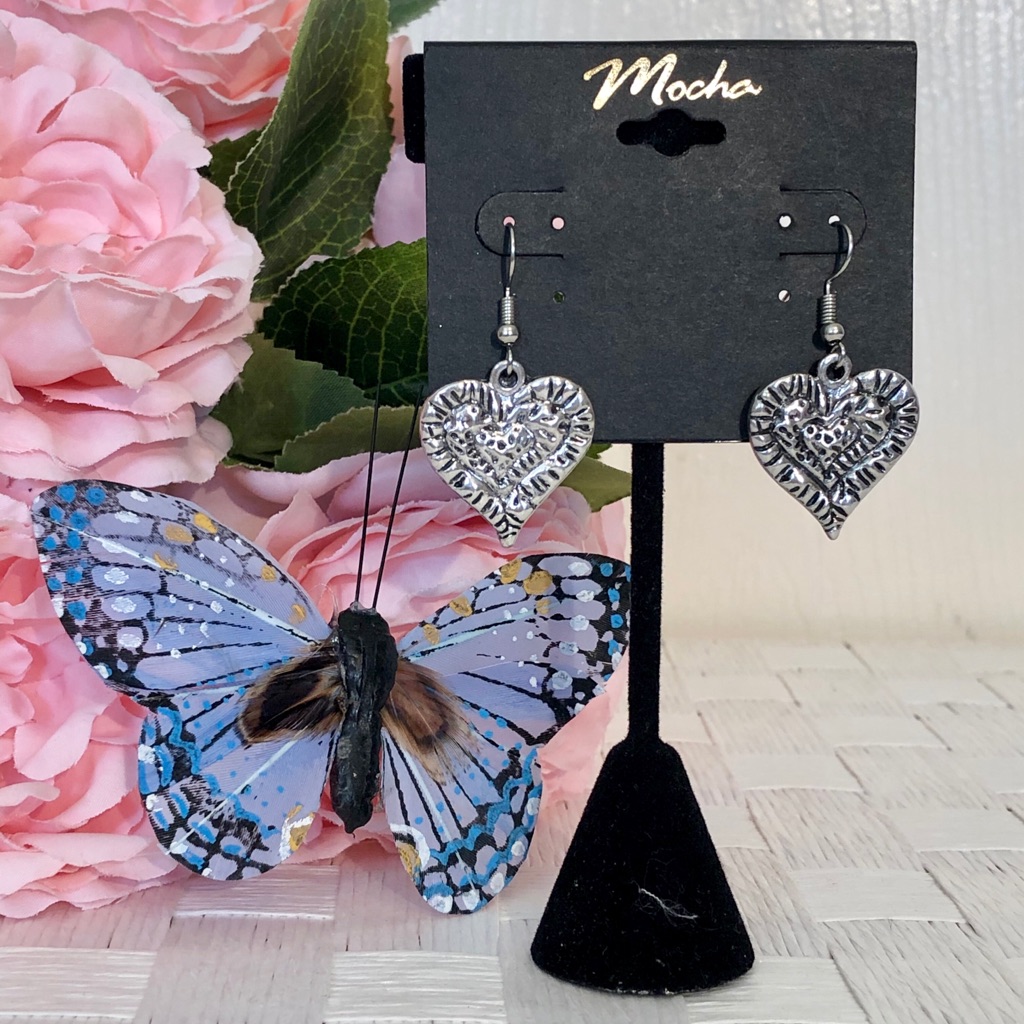 Silver Tone Artisanal Heart Dangle Earrings